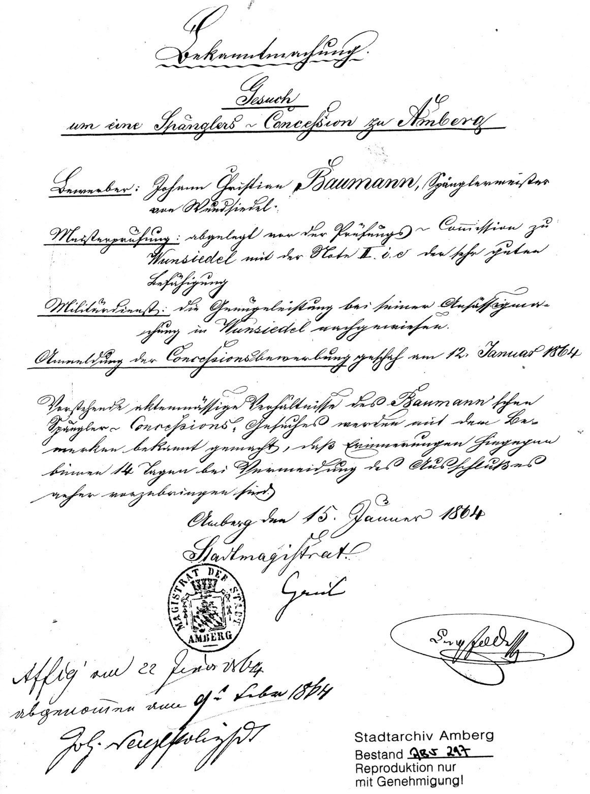 15.1.1864 Gesuch um eine Konzession als Spengler