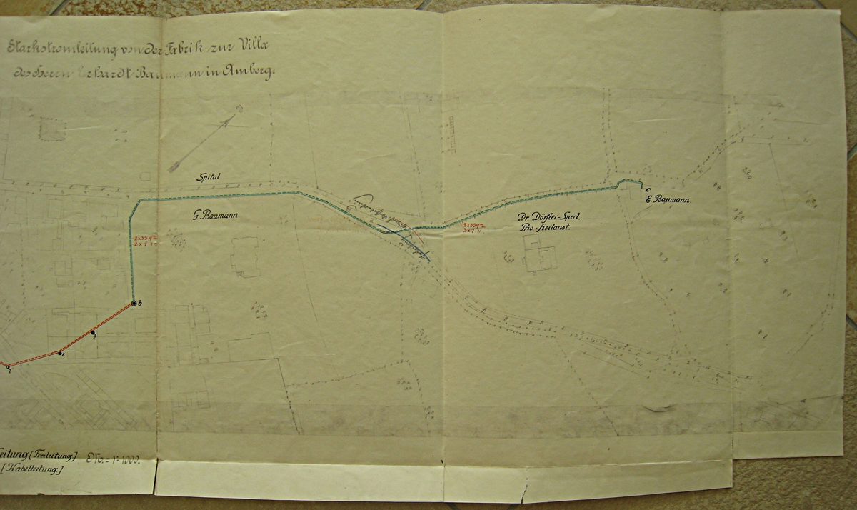 1908 Stromleitung von der Firma in die Villa (rot überirdisch, grün unterirdisch)