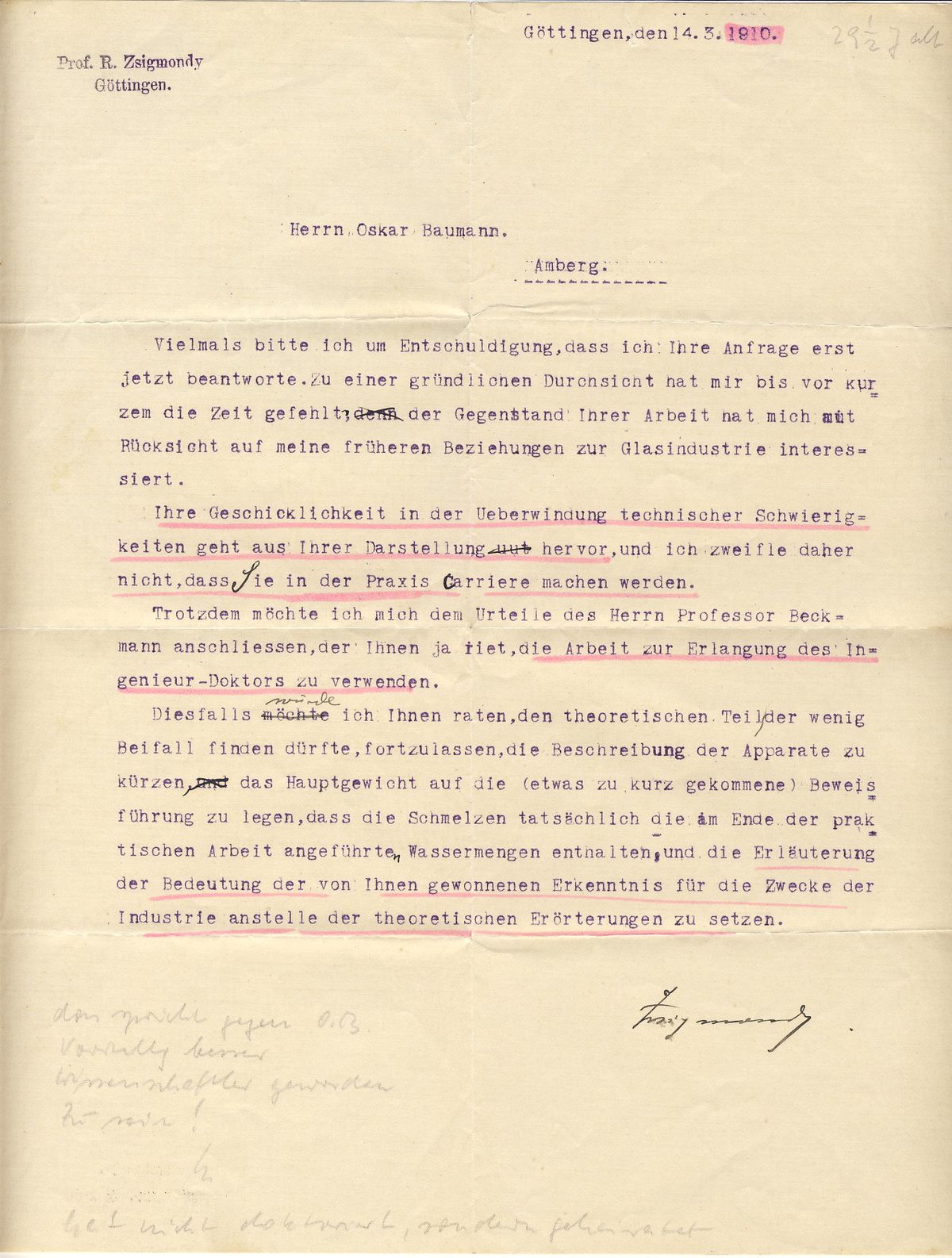 1910 Brief von Prof. Zsigmondy über seine Promotionsarbeit