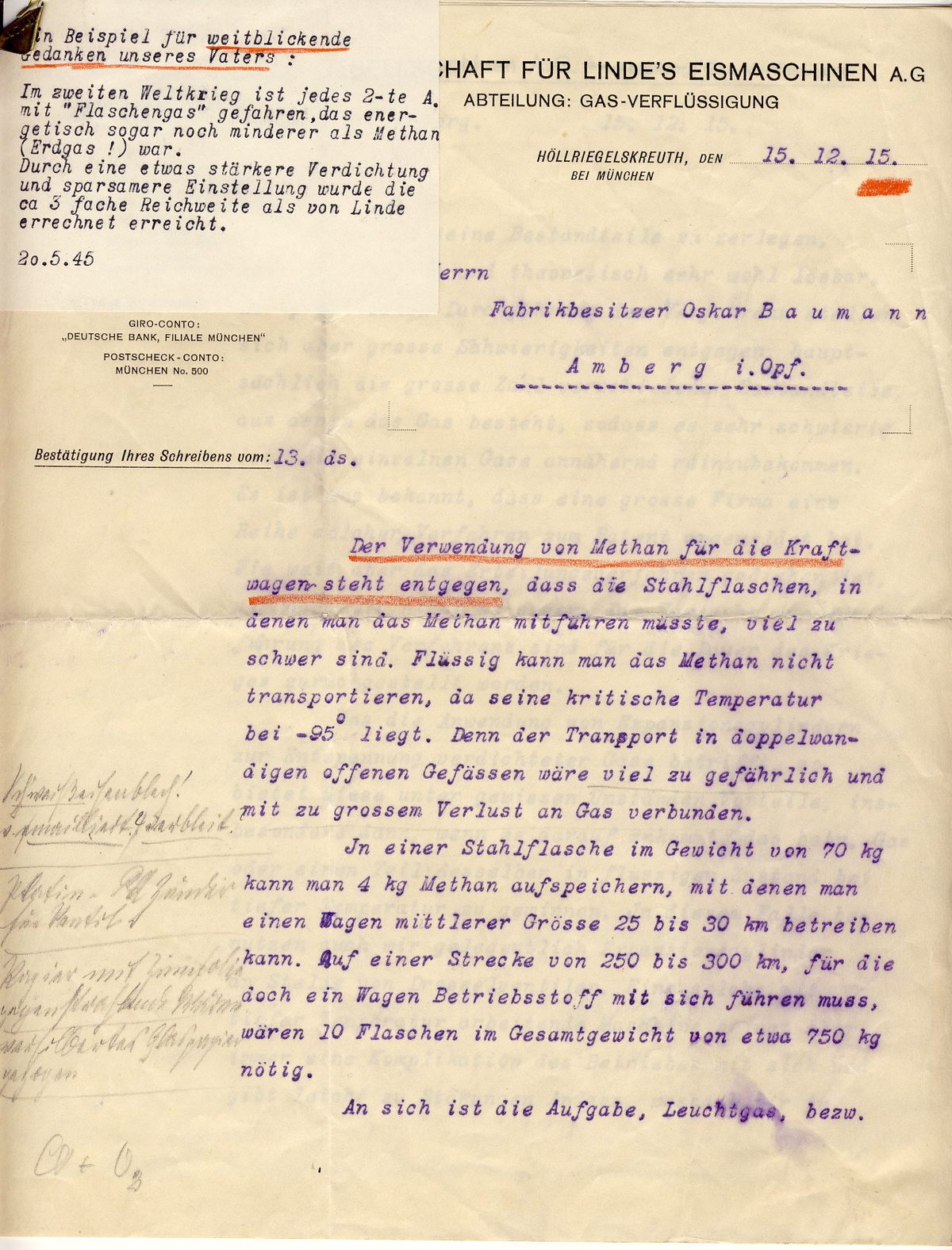 1915 Antwort von Linde zum Thema Methan für Kraftfahrzeuge
