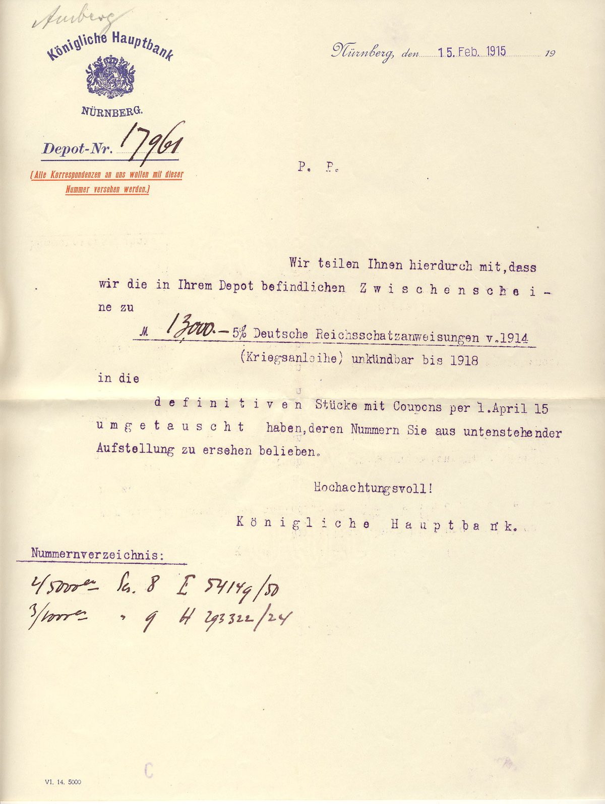 1915 Bestätigung der Kriegsanleihe