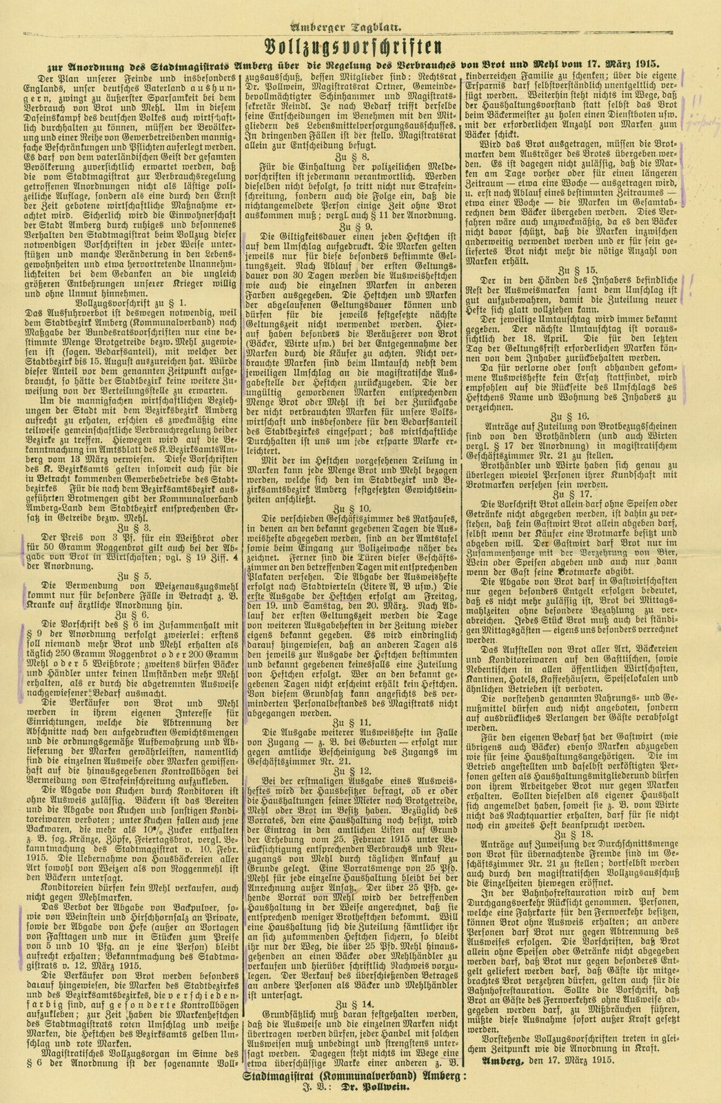 1915 Vollzugsvorschriften Stadtmagistrat Amberg