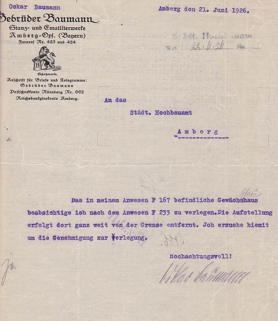 1926 Bauantrag Gewächshaus