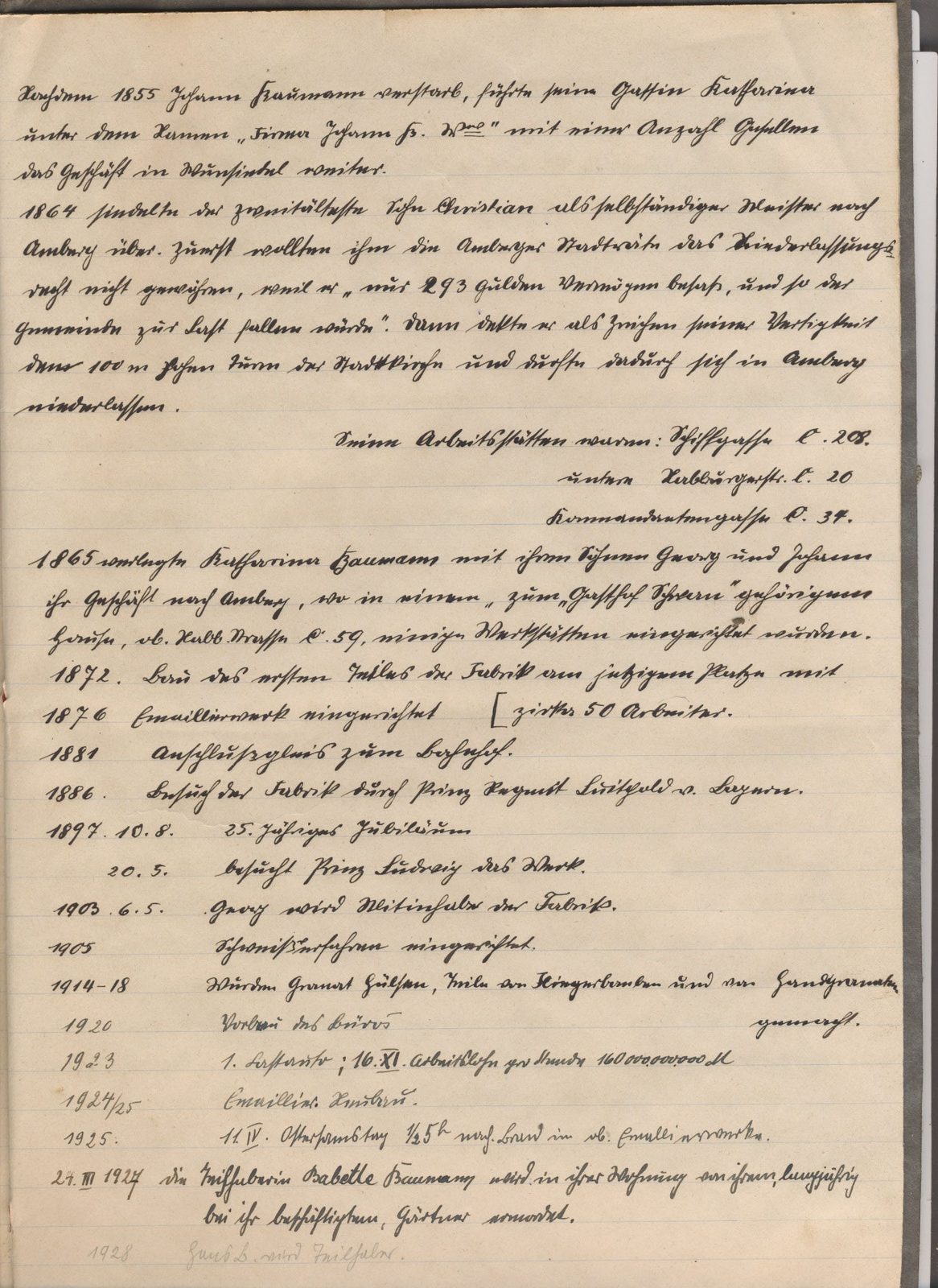 Abschriften in einem kleinen Büchlein mit Überschrift: "Geschichte der Firma 1925"