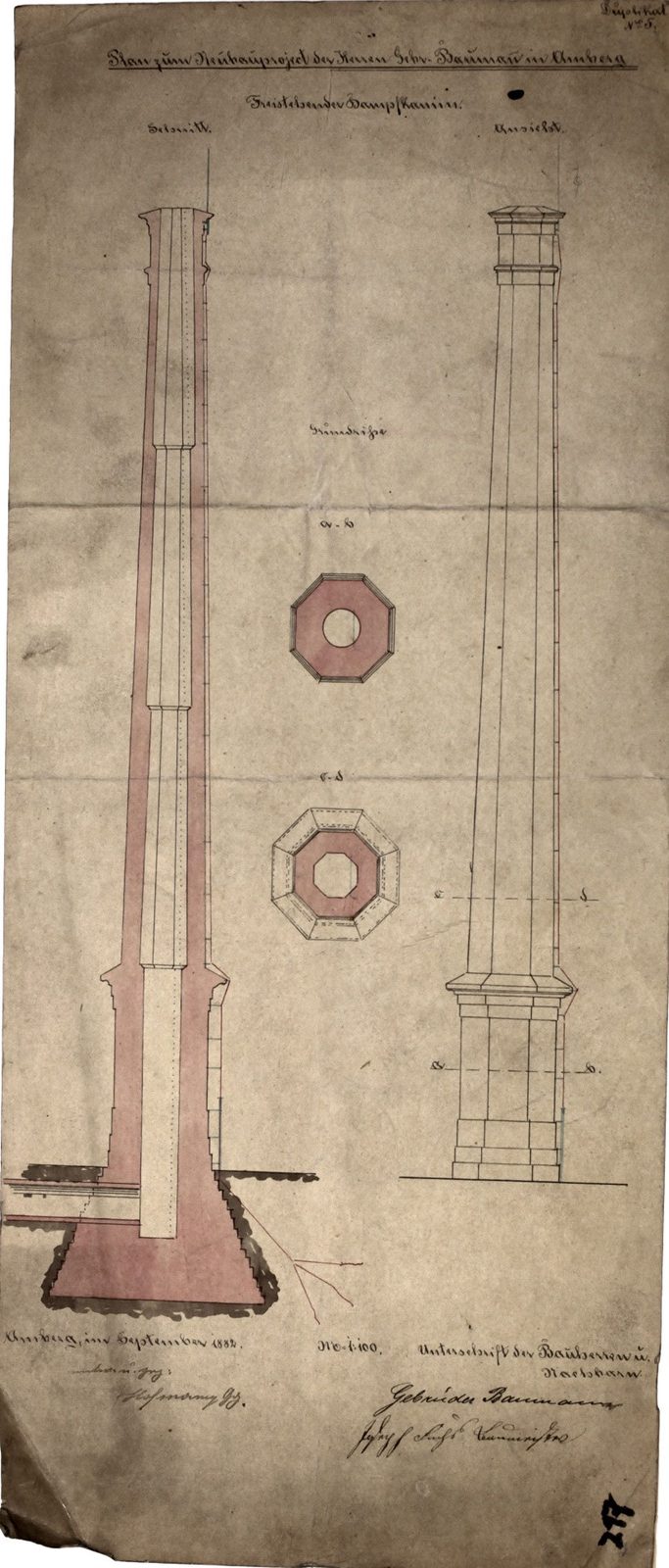 Bild: Plan eines Kamins Sept 1882 "freistehender Dampfkamin" [Quelle Museum Theuern]