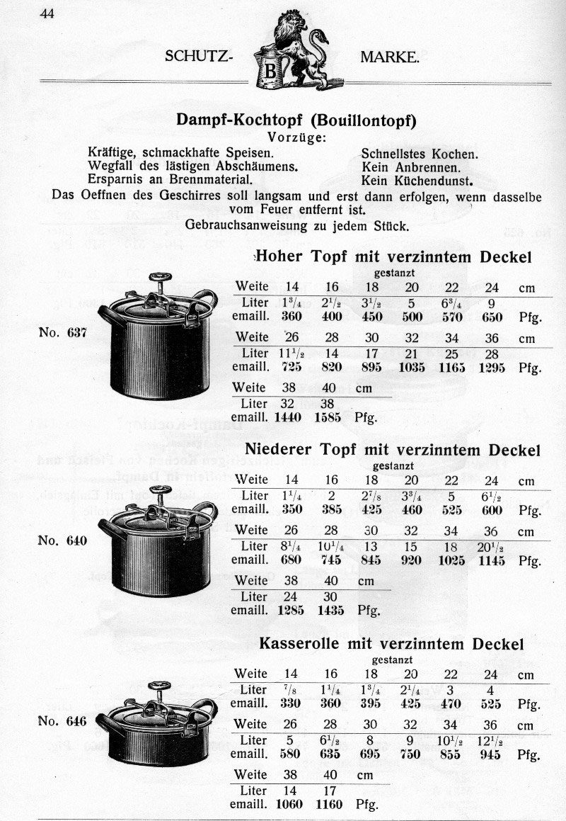 Dampfkochtopf/Selbstkocher/Kochmaschine im Katalog von 1913 fehlen im Katalog vom 1929