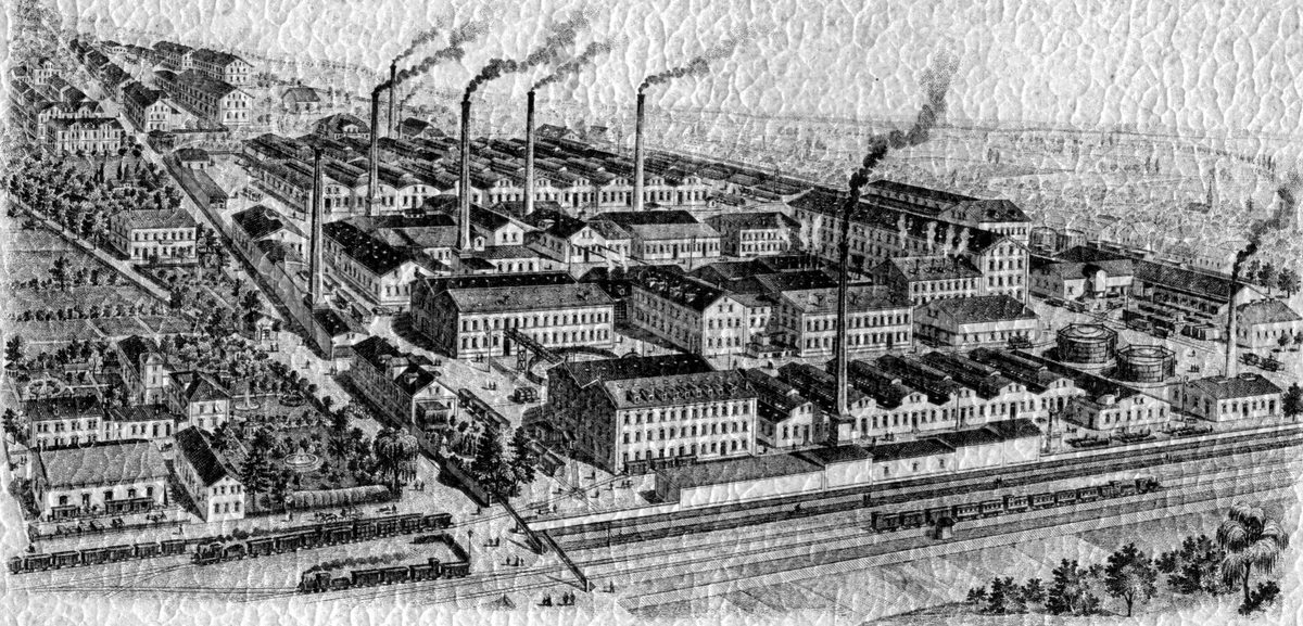 etwa 1895 Daie Abbildung ist auf der letzten Seite des Katalogs. Das alte Verwaltungsgebäude steht noch, Bild etwa vor 1895 - da das 12-stöckige Magazingebäude noch nicht abgebildet ist.
