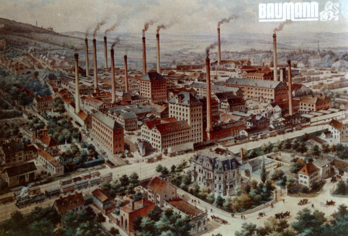 Gemalte farbige Bild mit Fabrikansicht etwa 1909,  12 Kamine [11]