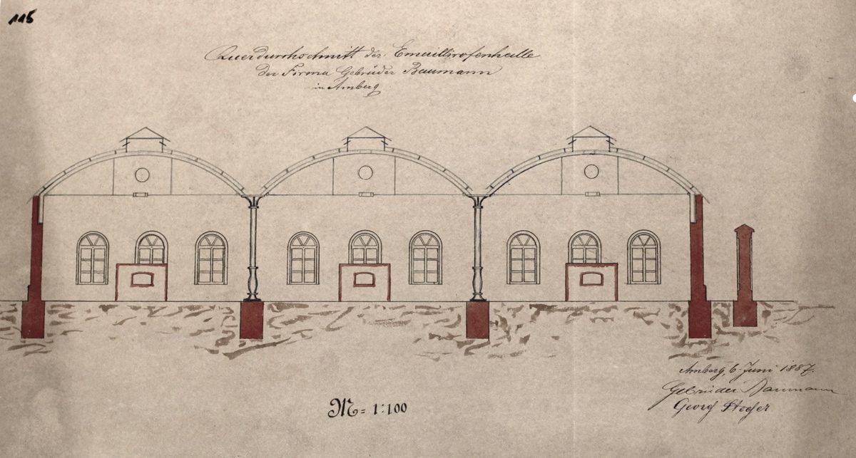 Plan von 1887 des neuen Emaillierwerks im nördlichen Teil [Quelle Museum Theuern]. Thypisch ist die runde Dachform.
