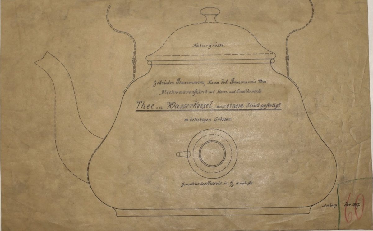 Produktzeichnung "Thee u. Wasserkessel aus einem Stück gefertigt" Dezember 1897 [Quelle Museum Theuern]