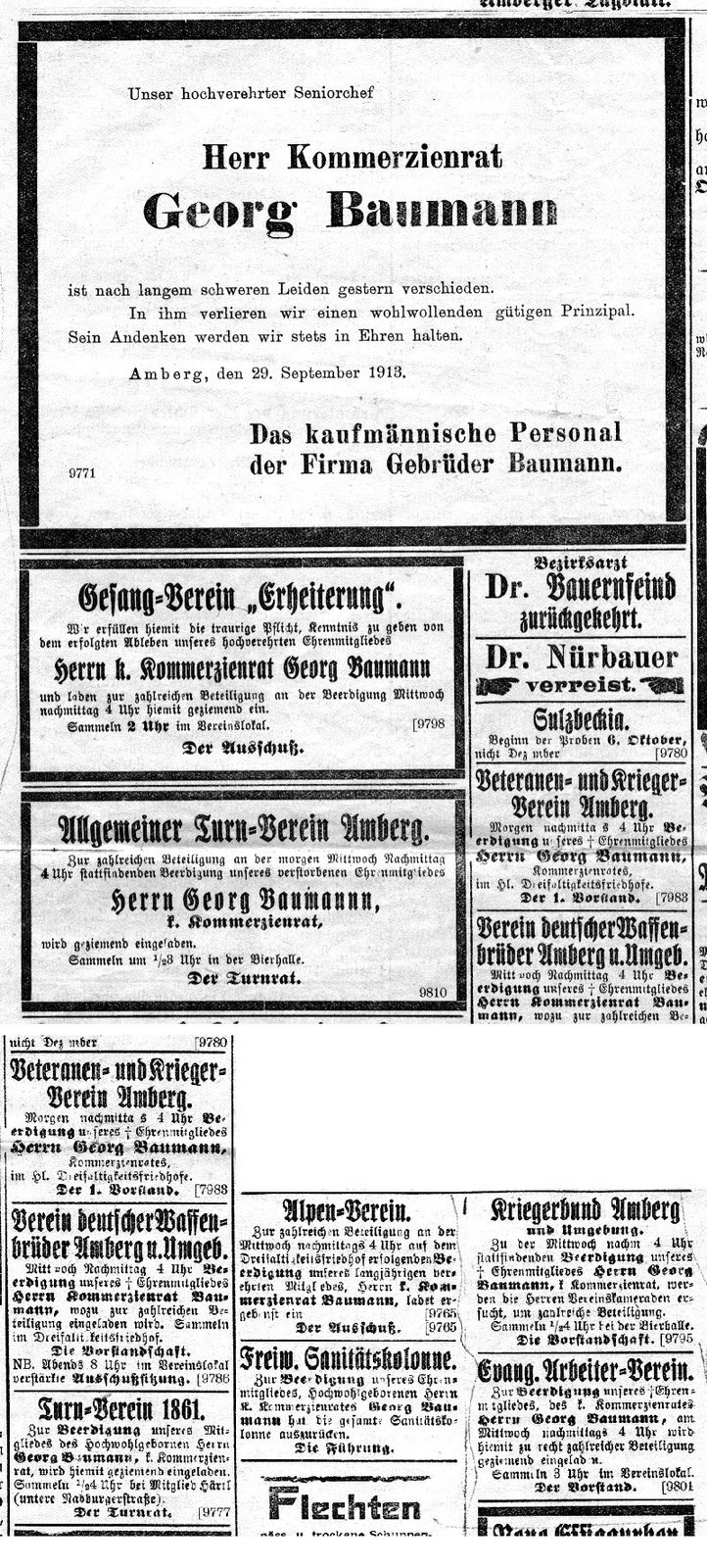 Todesanzeige mit Zeitungsausschnitten [Quelle?]